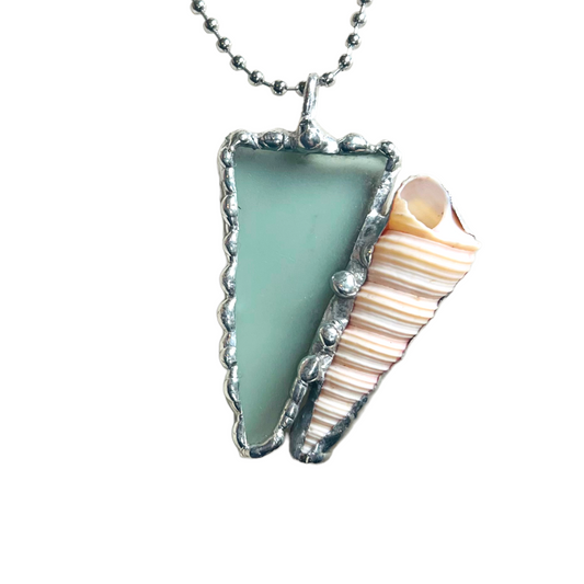 Green Sea Glass & Conch Artisan Pendant With Boho Metalwork