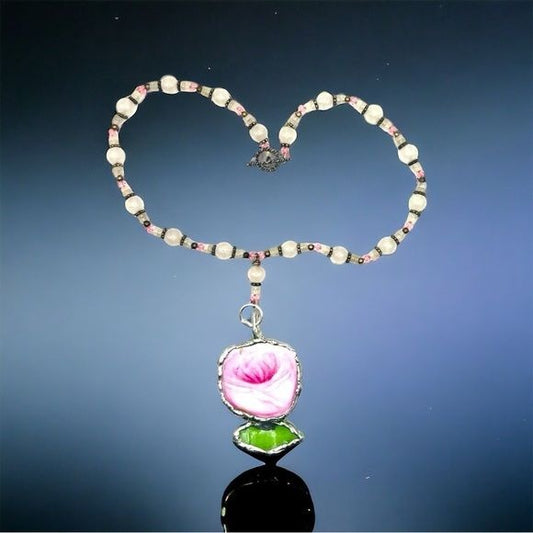 Broken China & Sea Glass Rose Pendant and a Pink Quartz Vintage Necklace