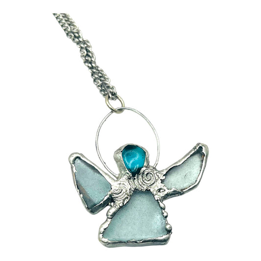 Sea Glass Angel Pendant Artisan Boho Metalwork Necklace