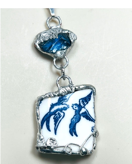 Blue Willow China & Sea Glass “Birds in Flight Pendant with Boho Metalwork