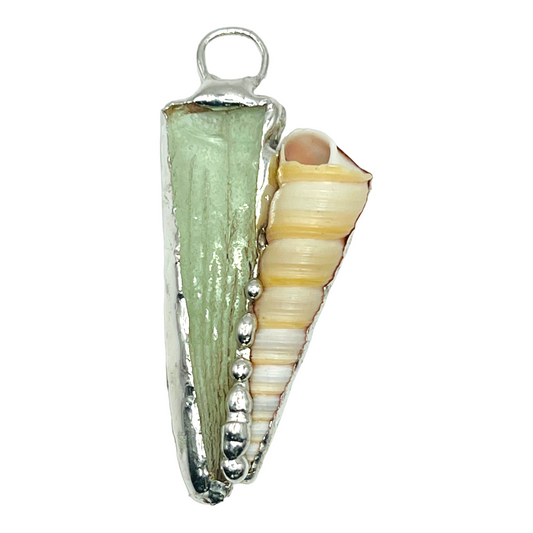 Green Sea Glass & Conch Pendant Crafted with Boho Metalwork & Freshwater Pearls