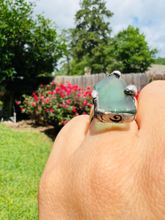 Green Sea Glass Ring Artisan Crafted with Boho Metalwork Size 8