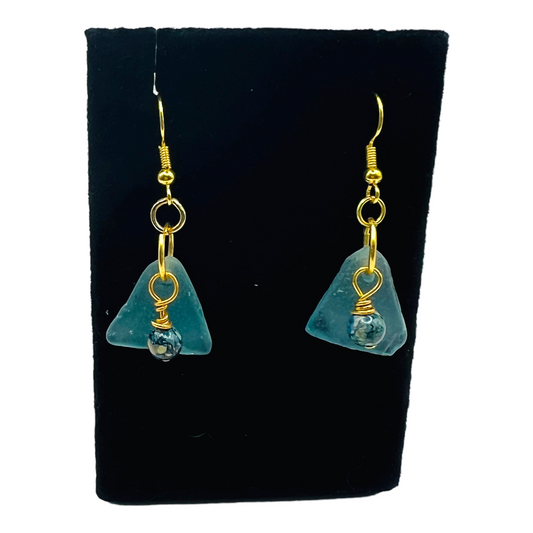 Sea Glass & Tourmaline Artisan Earrings Wire-Wrapped In Gold Tone