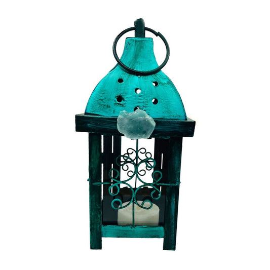 Upcycled  Metal Lantern with Sea Glass & Conch, Hand-Painted