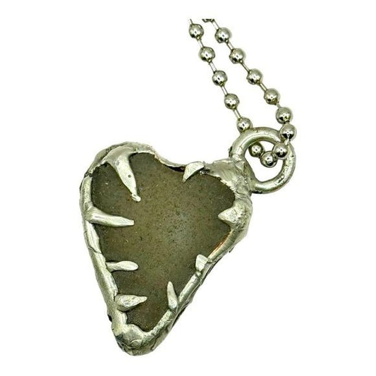 Sea Glass Heart Spiked Pendant Framed in Artisan Boho Metalwork Necklace