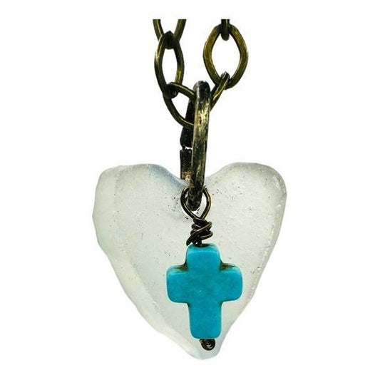 Concave Sea Glass Heart Pendant with Turquoise Cross Charm Artisan Crafted